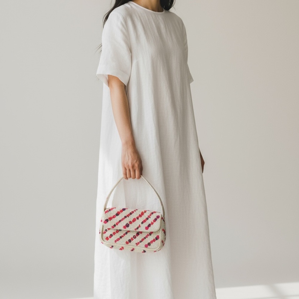 Stylish Beaded Shoulder Bag - Cream with Pink and Purple Accents